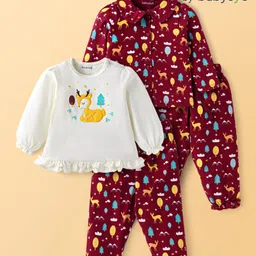 Babyoye 100% Cotton Knit Full Sleeves Night Suit With Christmas Theme Print - Dark Red & White-picture-30