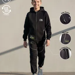 Pine Active Knit Full Sleeves Ultra Comfort Athleisure Jacket With Hoodie & Joggers Set - Black-picture-10
