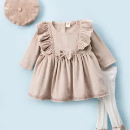 ToffyHouse 100% Cotton Shearing Fabric Knit Full Sleeves Frill & Lace Detailed Frock With Hat & Pair Of Stockings - Tan & White-picture-26