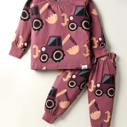 Teddy Sinker Knit Full Sleeves Co-ords Night Suit with Vehicle Print - Purple image 1