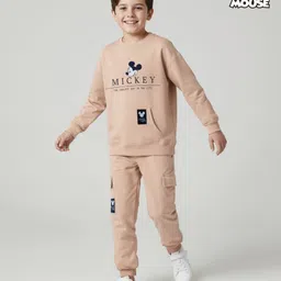 Primo Gino Disney Terry Knit Full Sleeves Sweatshirt and Trackpants with Mickey Mouse Graphic & Kangaroo Pocket Detailing - Light Brown-picture-14