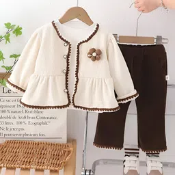 Googo Gaaga Cotton Knit Ribbed Top Trousers With Full Sleeves Flower Applique Detailed Light Winter Sweater - Cream-picture-11