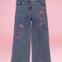 Cutecumber Denim Woven Floral Embrodered Straight Fit Jeans - Blue-image-63
