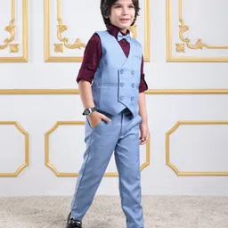 Mark & Mia Full Sleeves 3 Piece Party Suit with Bow - Blue & Maroon image 2