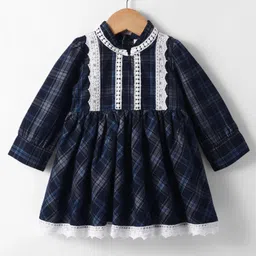 ToffyHouse Cotton Woven Full Sleeves Checkered Frock With Stockings & Lace Detailing - Navy Blue & White image 2