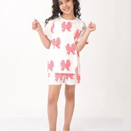 Anthrilo 100% Organic Cotton Knit Pack Of 2 Half Sleeves Bow Printed Coordinating Night Suits - White image 3