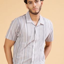 V-Mart Men Vertical Striped Cuban Collar Cotton Casual Shirt-picture-5