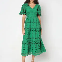 Vero Moda Green Cotton Self Design Midi Dress image 2