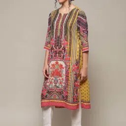 Biba Yellow Printed Straight Kurta image 4
