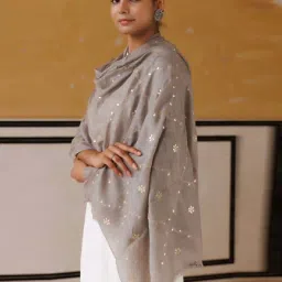 Geroo Jaipur Grey Hand Embroidered Gota Patti Woolen Shawl image 2
