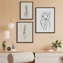999Store Grey Canvas Flower Women Line Modern Art Wall Painting - Set of 3-picture-12