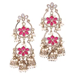 Fida Gold-Plated Kundan Studded And Pearls Beaded Floral Shaped Jhumkas image 3