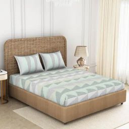 Spaces Printed Green 144 TC Cotton King Fitted sheet with 2 Pillow Covers-picture-12