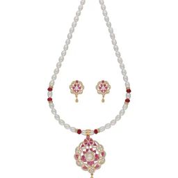 Sri Jagdamba Pearls Krishna Pink & White Pearl CZ Necklace Set-picture-21