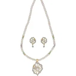 Sri Jagdamba Pearls Dheiva Vadivu Green & White Pearl CZ Necklace Set-picture-45