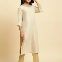 W Beige Embroidered Straight Kurta image 4