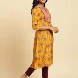 W Mustard Floral Print Straight Kurta image 4