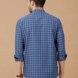 CAVALLO By Linen Club Navy Blue Linen Contemporary Fit Checks shirts image 2
