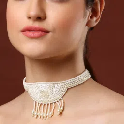 Moedbuille Off White Pearls Sequins & Beads Embroidered Tassell Design Handcrafted Choker Necklace image 2