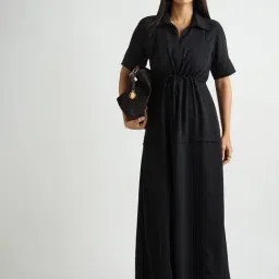 FEMMELLA Black Polyester Solid Regular Fit Shirt Dress-image-0