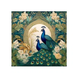 999Store Green & Blue Canvas Majestic Peacocks In Bloom Painting image 2