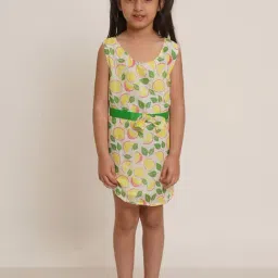 Creative Kid's Girls Green & Yellow Cotton Printed Dress-image-91