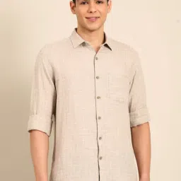 Linen Club Beige Linen Slim Fit Checks Shirt-image-36