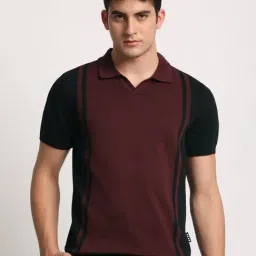 The Bear House Maroon Cotton Slim Fit Striped Polo T-Shirt-image-6