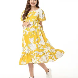 Bella Mama Woven Butterfly Sleeves Maternity Dress with Pocket Floral Print - Yellow-picture-21