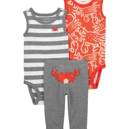 Carter's Cotton Blend Sleeveless Stripes & Crab Printed Onesies with Pajama Set - Grey & Orange-picture-15