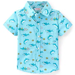 Babyhug 100% Cotton Knit Half Sleeve Shirt With Shark Print - Blue-picture-22