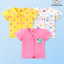 Babyhug 100% Cotton Interlock Half Sleeves Front Open Vest Bugs & Floral Print Pack of 3 - Multicolour-picture-26