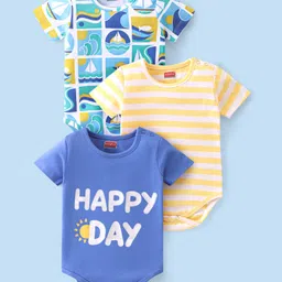 Babyhug 100% Cotton Half Sleeves Onesies With Text Print Pack of 3 - Green Yellow & Blue image 1