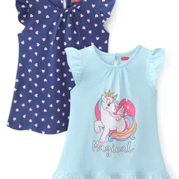 Babyhug Cotton Knit Single Jersey Frill Sleeves Nighty With Heart & Unicorn Print Pack Of 2 - Navy Blue-picture-35