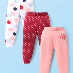 Babyhug Single Jersey Knit Full Length Lounge Pants with Heart & Polka Dot Print and a Bow Applique Pack Of 3 - Pink Maroon & White-picture-37
