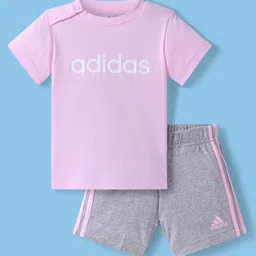 ADIDAS KIDS 100% Cotton Knit Half Sleeves T-Shirt & Shorts Set Logo & Text Print - Pink-image-55