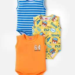 Babyhug 100% Cotton Knit Sleeveless Onesies with Sports Theme Print & Stripes Pack of 3 - Blue Yellow & Orange-picture-29