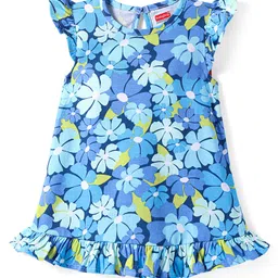 Babyhug Cotton Knit Frill Sleeves Nighty With Frill Detailing And Floral Print - Blue-picture-27