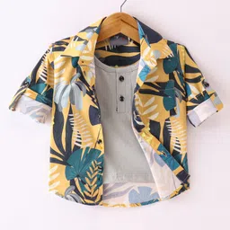 Dapper Dudes Full Sleeves Leaves Printed Shirt With Attached Tee - Yellow-picture-15