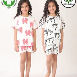 Anthrilo 100% Organic Cotton Knit Pack Of 2 Half Sleeves Bow Printed Coordinating Night Suits - White-picture-11