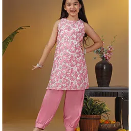 Fashion Dream Silk Woven Sleeveless Floral Embroidered Sequins Embellished Kurti Salwar Set - Light Pink-picture-27