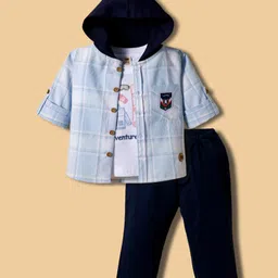 ToffyHouse Cotton Woven Full Sleeves T-Shirt & Trouser Set with Hooded Checks Shirt - Navy Blue & White-picture-34