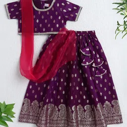 The Magic Wand Jacquard Woven Half Sleeves Leaves Foil Printed & Gota Lace Embellished Choli Lehenga With Dupatta Set - Purple-image-99