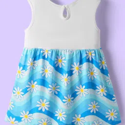 Babyhug Cotton Knit Sleeveless Frock With Floral Print & Bow Applique - Light Blue & White image 2