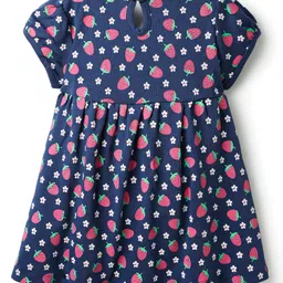 babyhug Babyhig Single Jersey Knit Half Sleeves Strawberry Printed Frock with Bow Applique - Navy Blue image 2
