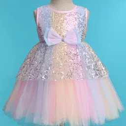 Babyhug Woven Sleeveless Sequinned Layered Dress With Bow Applique - Pink image 2