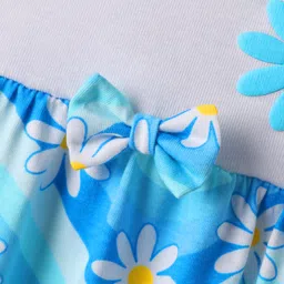 Babyhug Cotton Knit Sleeveless Frock With Floral Print & Bow Applique - Light Blue & White image 3