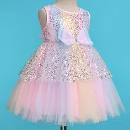 Babyhug Woven Sleeveless Sequinned Layered Dress With Bow Applique - Pink image 3