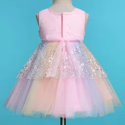 Babyhug Woven Sleeveless Sequinned Layered Dress With Bow Applique - Pink image 4