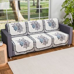 RUBOXA Cream-Coloured & Blue Printed Cotton Sofa Cover-picture-4
